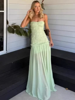 Robe de soirée maxi fleurie sans manches bustier sexy vert pastel