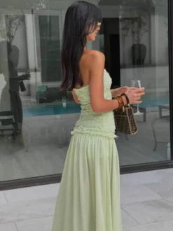 Robe de soirée maxi fleurie sans manches bustier sexy vert pastel