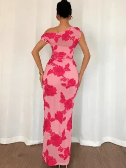 Robe de soirée maxi à fleurs roses sans manches élégante et semi-formelle
