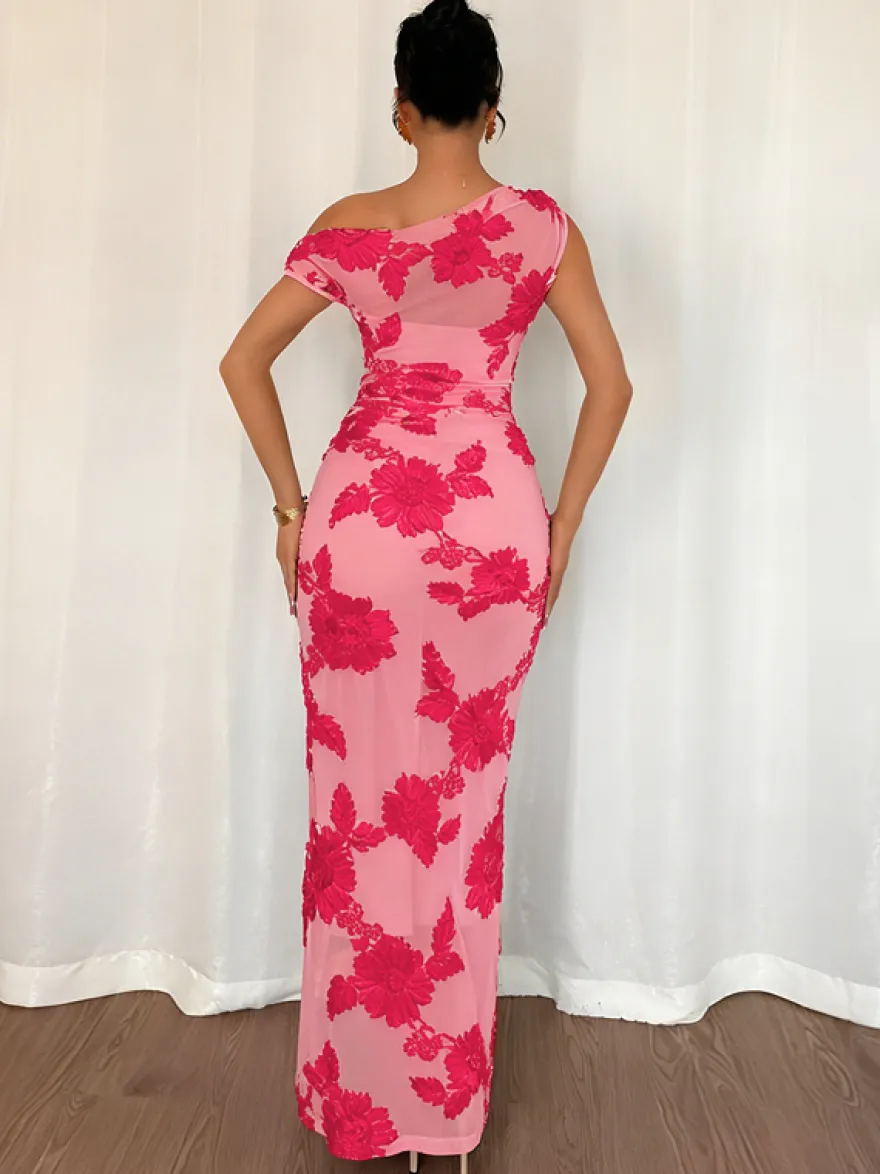 Robe de soirée maxi à fleurs roses sans manches élégante et semi-formelle