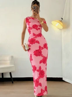 Robe de soirée maxi à fleurs roses sans manches élégante et semi-formelle