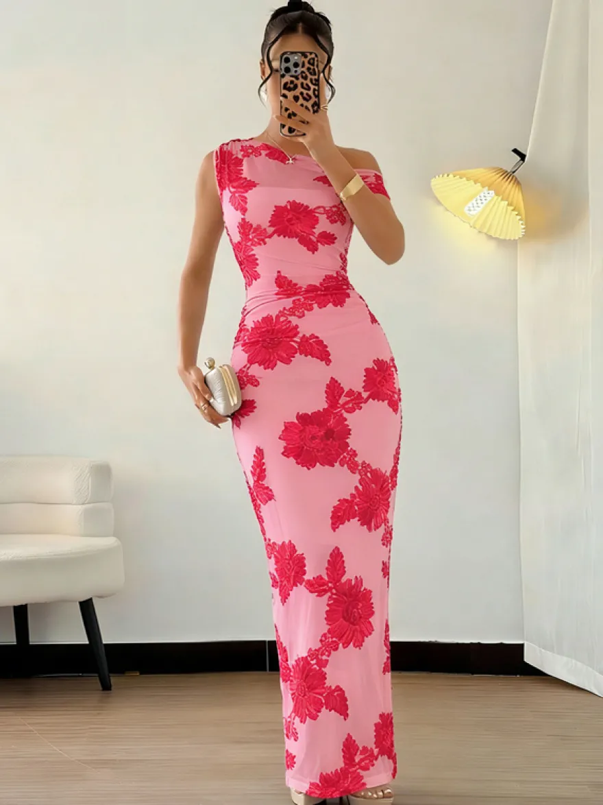 Robe de soirée maxi à fleurs roses sans manches élégante et semi-formelle