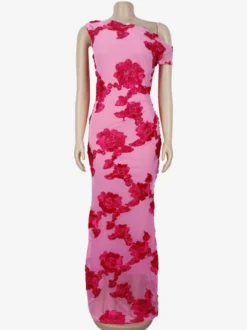 Robe de soirée maxi à fleurs roses sans manches élégante et semi-formelle