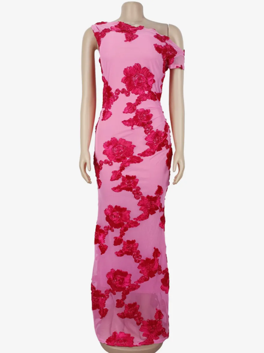 Robe de soirée maxi à fleurs roses sans manches élégante et semi-formelle