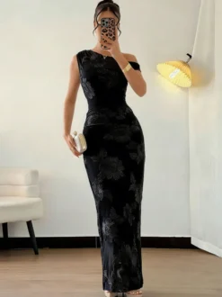 Robe de soirée maxi à fleurs roses sans manches élégante et semi-formelle