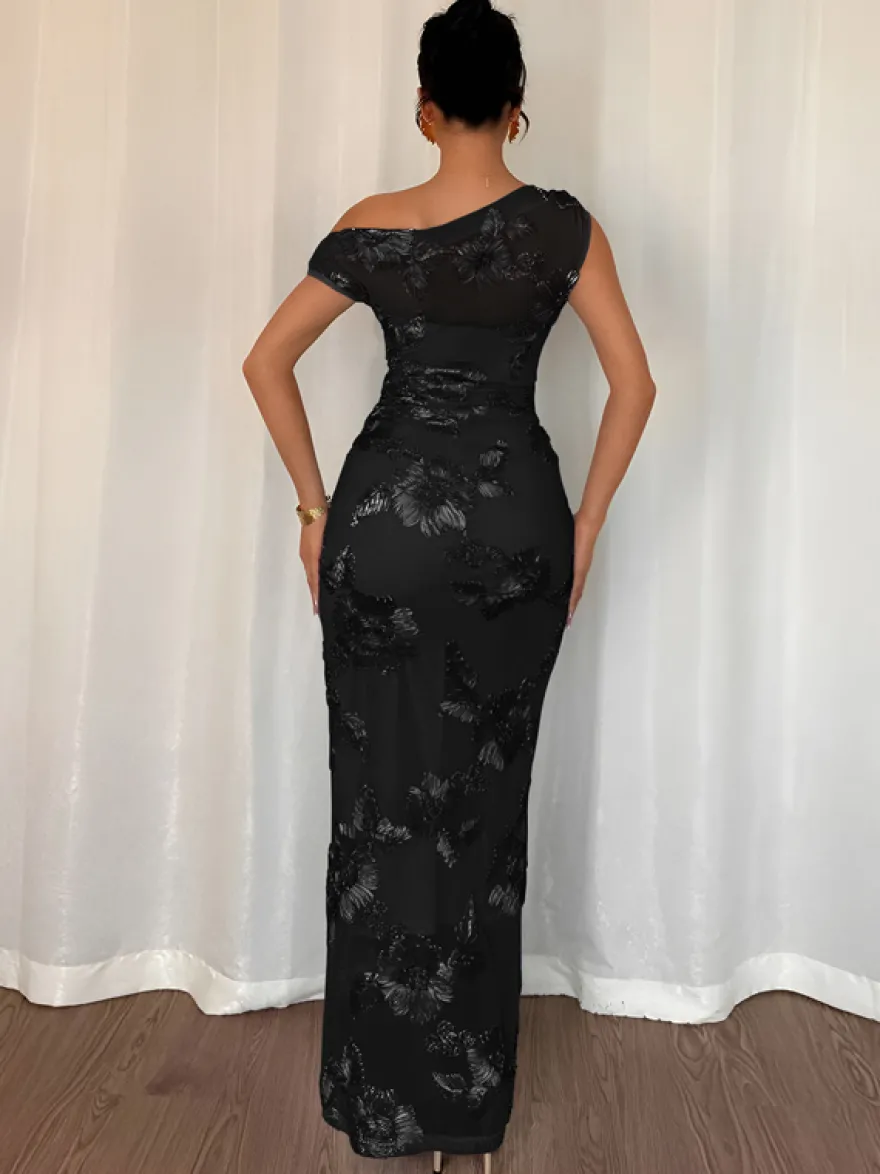 Robe de soirée maxi à fleurs roses sans manches élégante et semi-formelle