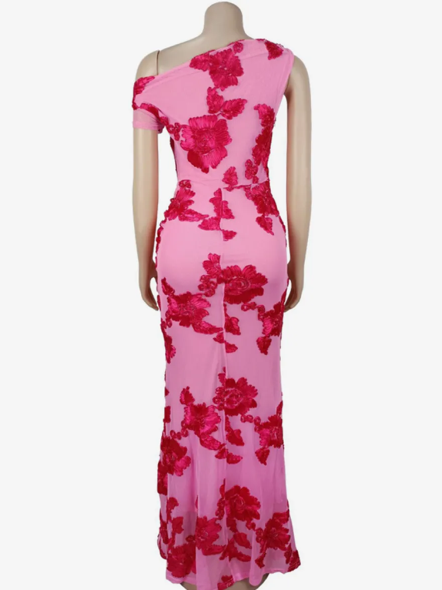 Robe de soirée maxi à fleurs roses sans manches élégante et semi-formelle