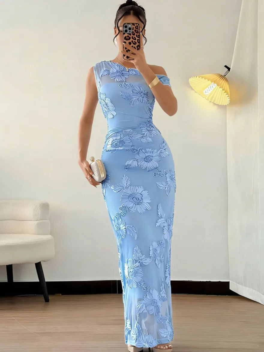 Robe de soirée maxi à fleurs roses sans manches élégante et semi-formelle