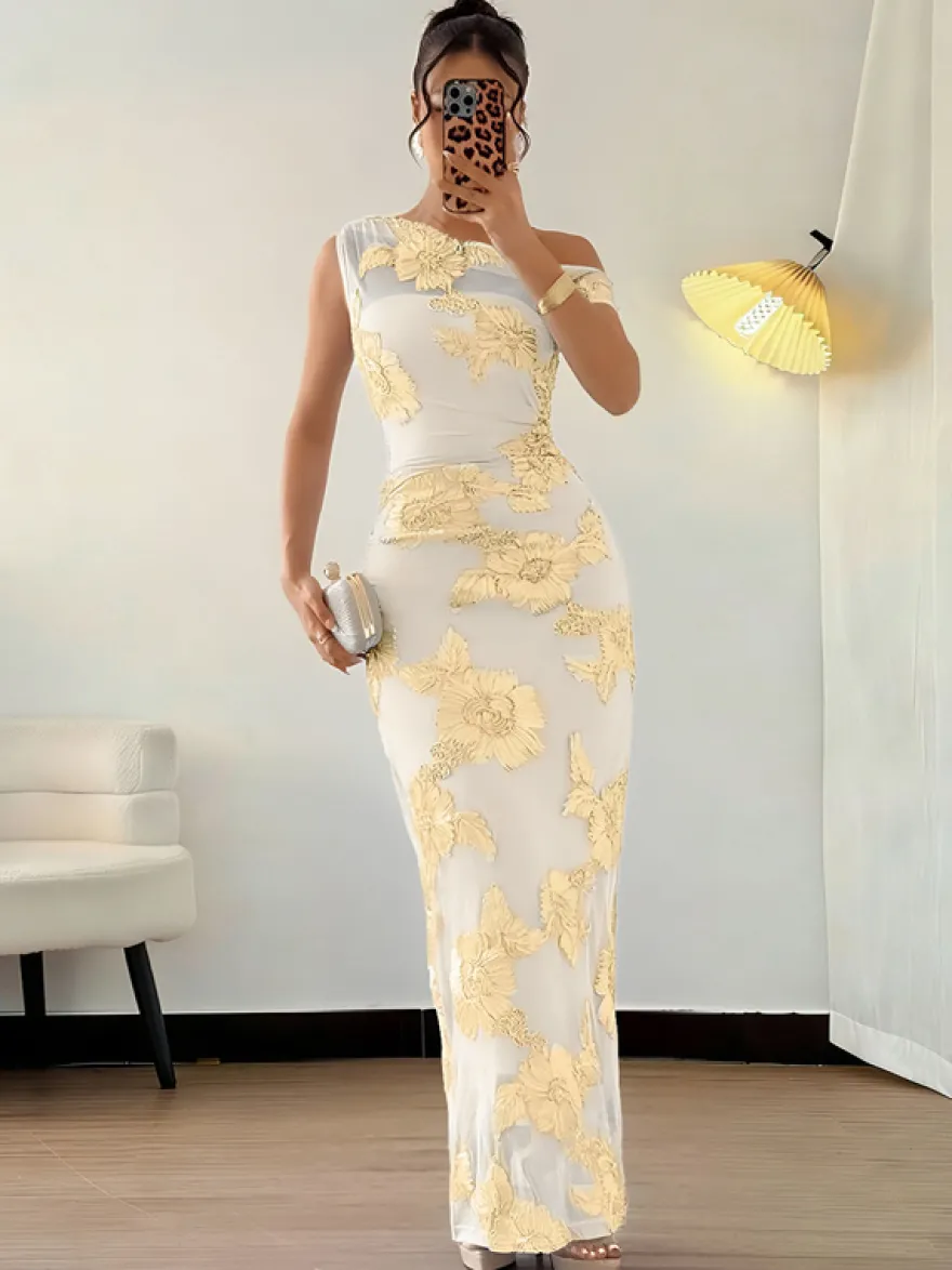 Robe de soirée maxi à fleurs roses sans manches élégante et semi-formelle