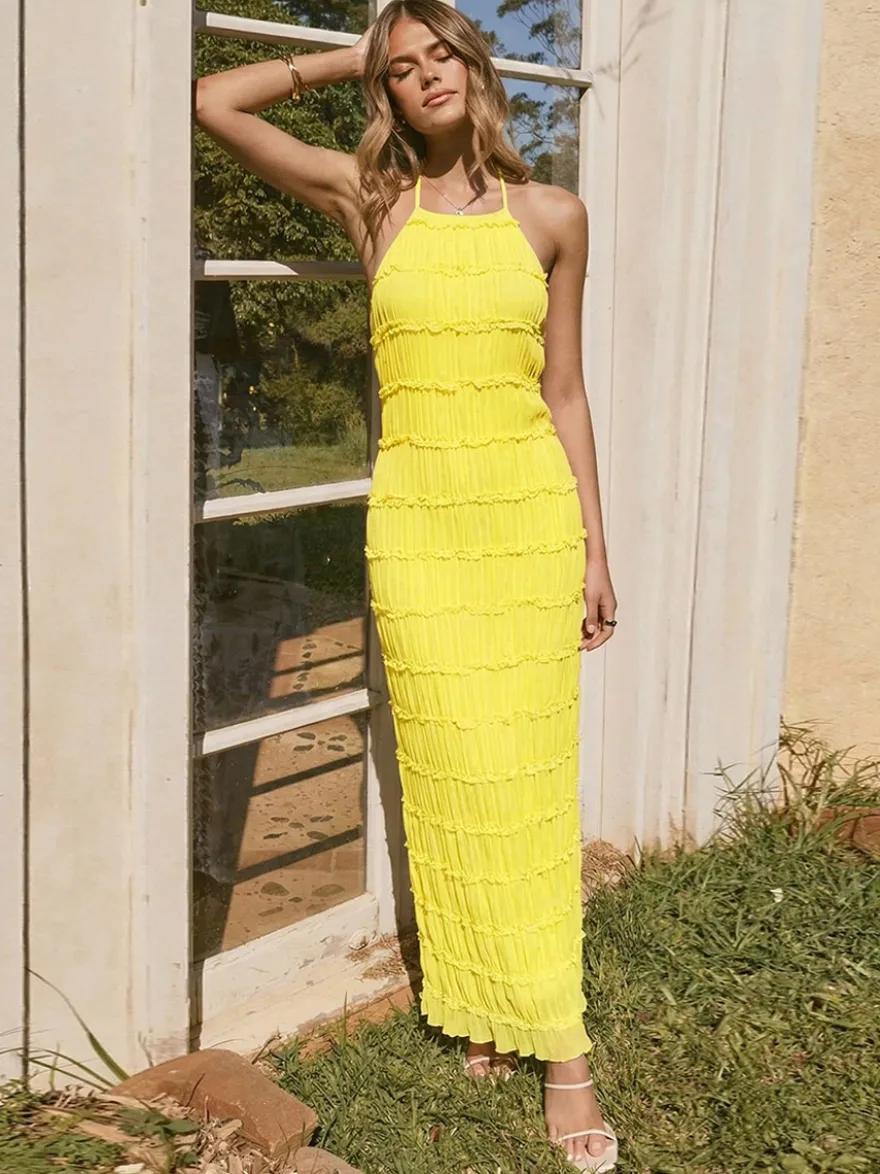 Robe de soirée maxi jaune dos nu plissée sans manches élégante semi-formelle
