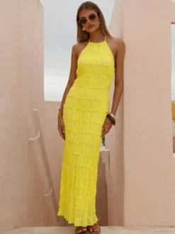 Robe de soirée maxi jaune dos nu plissée sans manches élégante semi-formelle