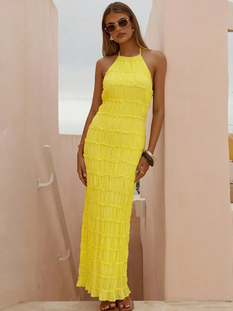 Robe de soirée maxi jaune dos nu plissée sans manches élégante semi-formelle