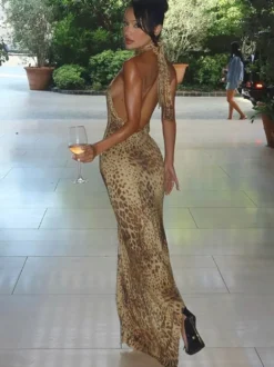 Robe de soirée maxi léopard dos nu plissée asymétrique chic semi-formelle