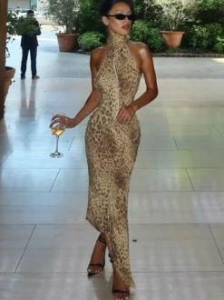 Robe de soirée maxi léopard dos nu plissée asymétrique chic semi-formelle