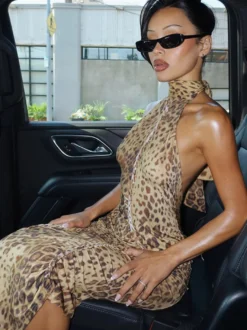 Robe de soirée maxi léopard dos nu plissée asymétrique chic semi-formelle