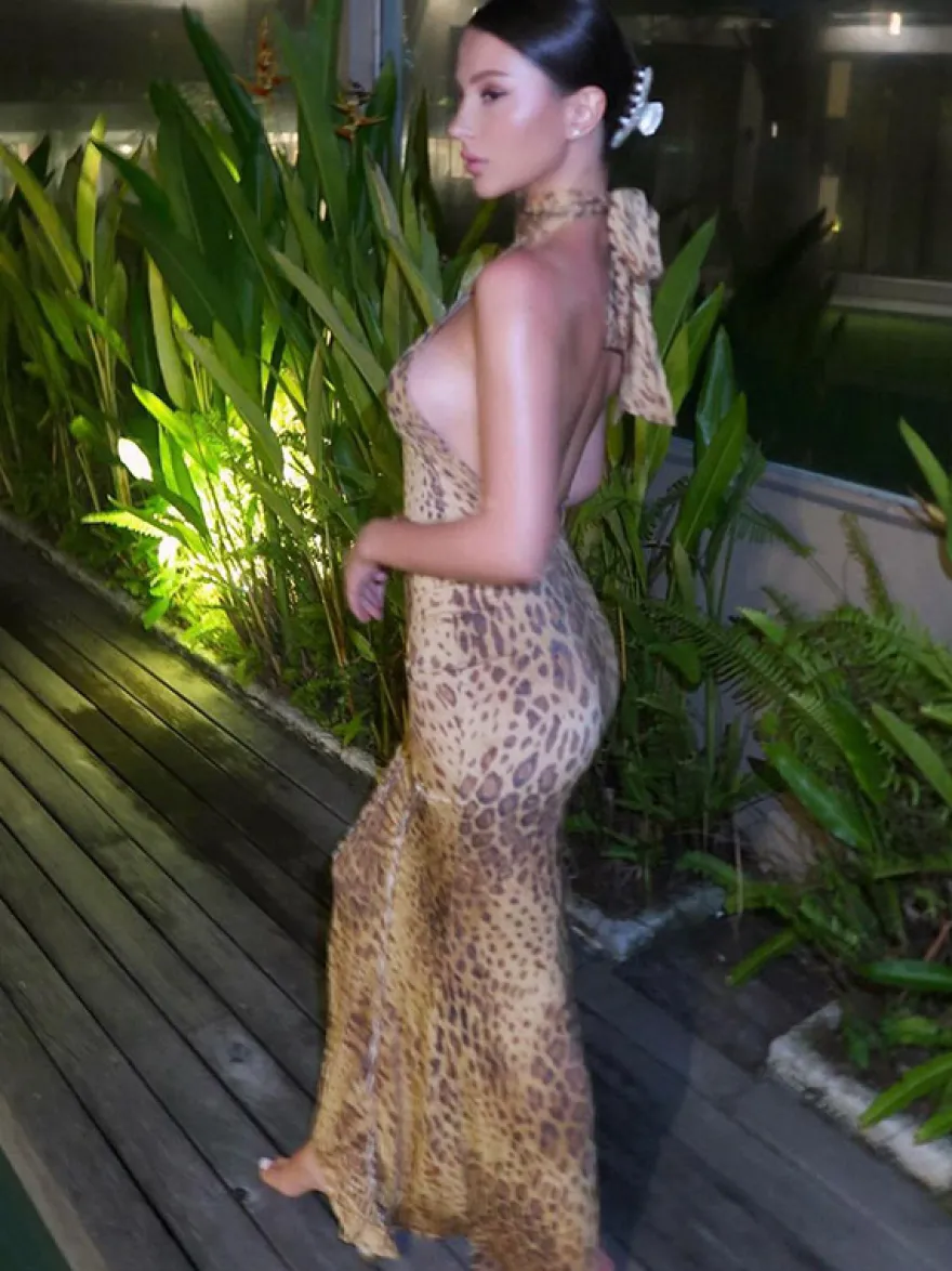 Robe de soirée maxi léopard dos nu plissée asymétrique chic semi-formelle