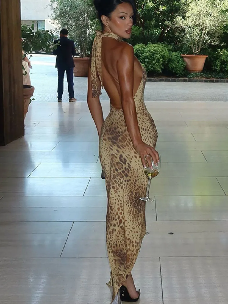 Robe de soirée maxi léopard dos nu plissée asymétrique chic semi-formelle