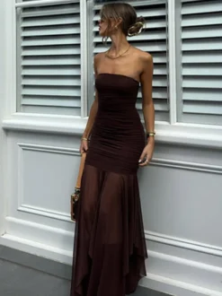 Robe de soirée maxi marron café sans bretelles plissée sexy semi-formelle robe d'été
