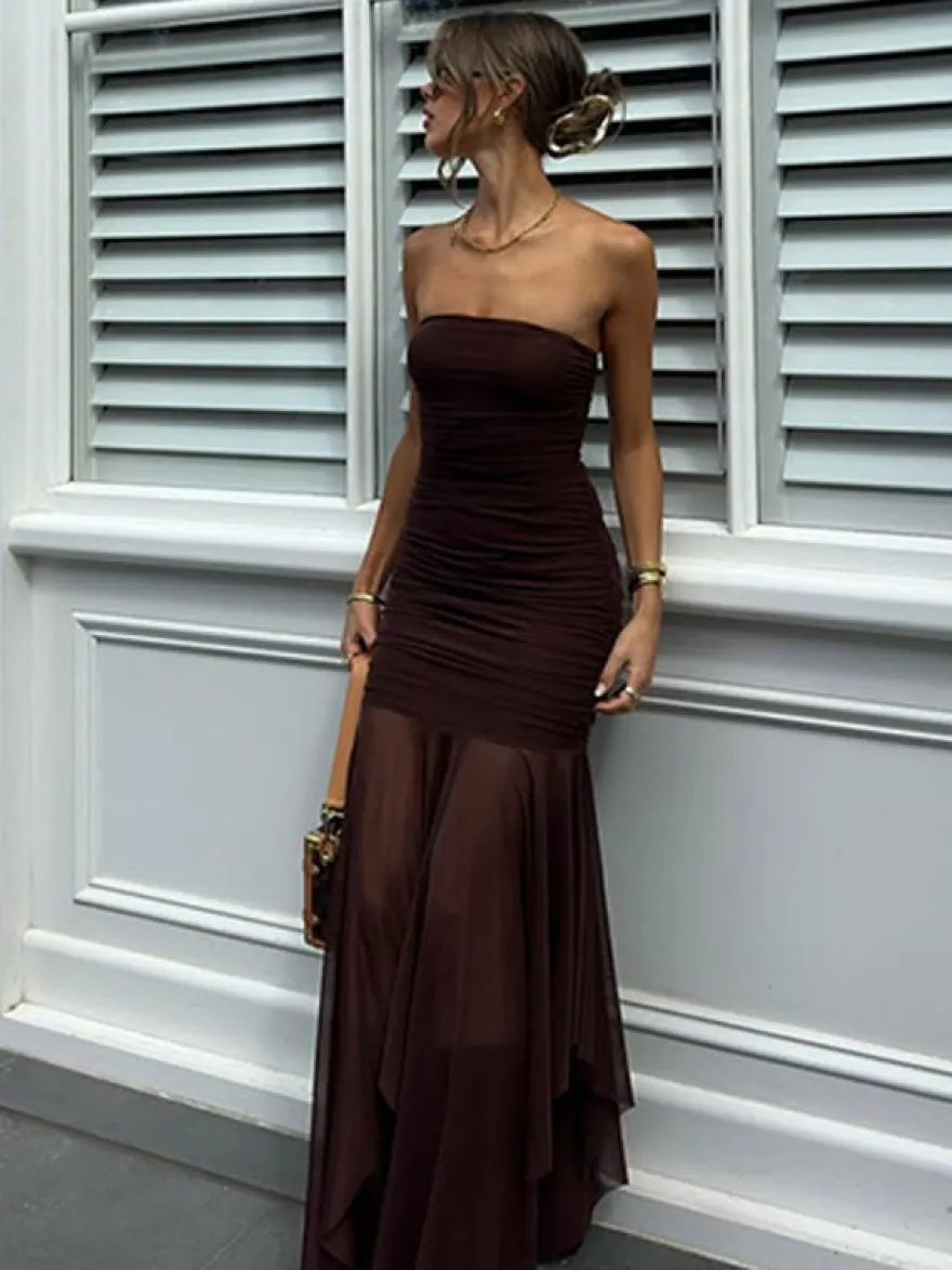 Robe de soirée maxi marron café sans bretelles plissée sexy semi-formelle robe d'été
