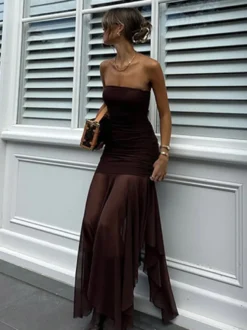Robe de soirée maxi marron café sans bretelles plissée sexy semi-formelle robe d'été