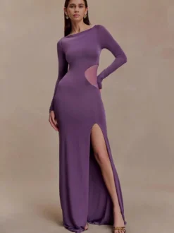 Robe de soirée maxi moulante à manches longues fente haute et découpes latérales en résille collection 2026