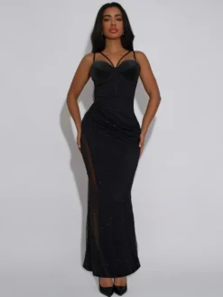Robe de soirée maxi moulante sans manches à sequins sur les côtés transparents pour femmes 2026