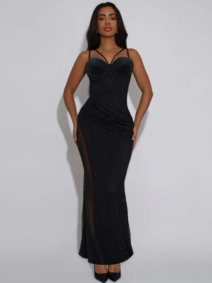 Robe de soirée maxi moulante sans manches à sequins sur les côtés transparents pour femmes 2026