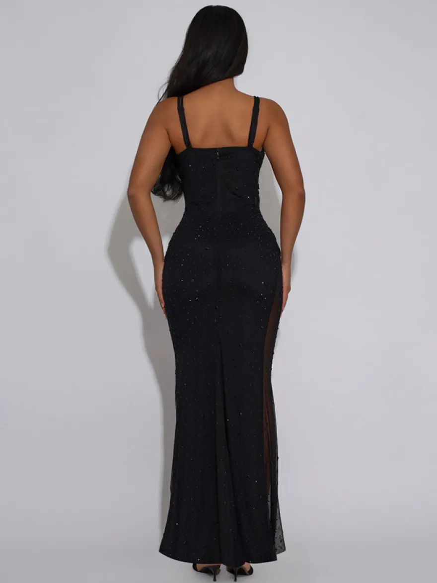 Robe de soirée maxi moulante sans manches à sequins sur les côtés transparents pour femmes 2026