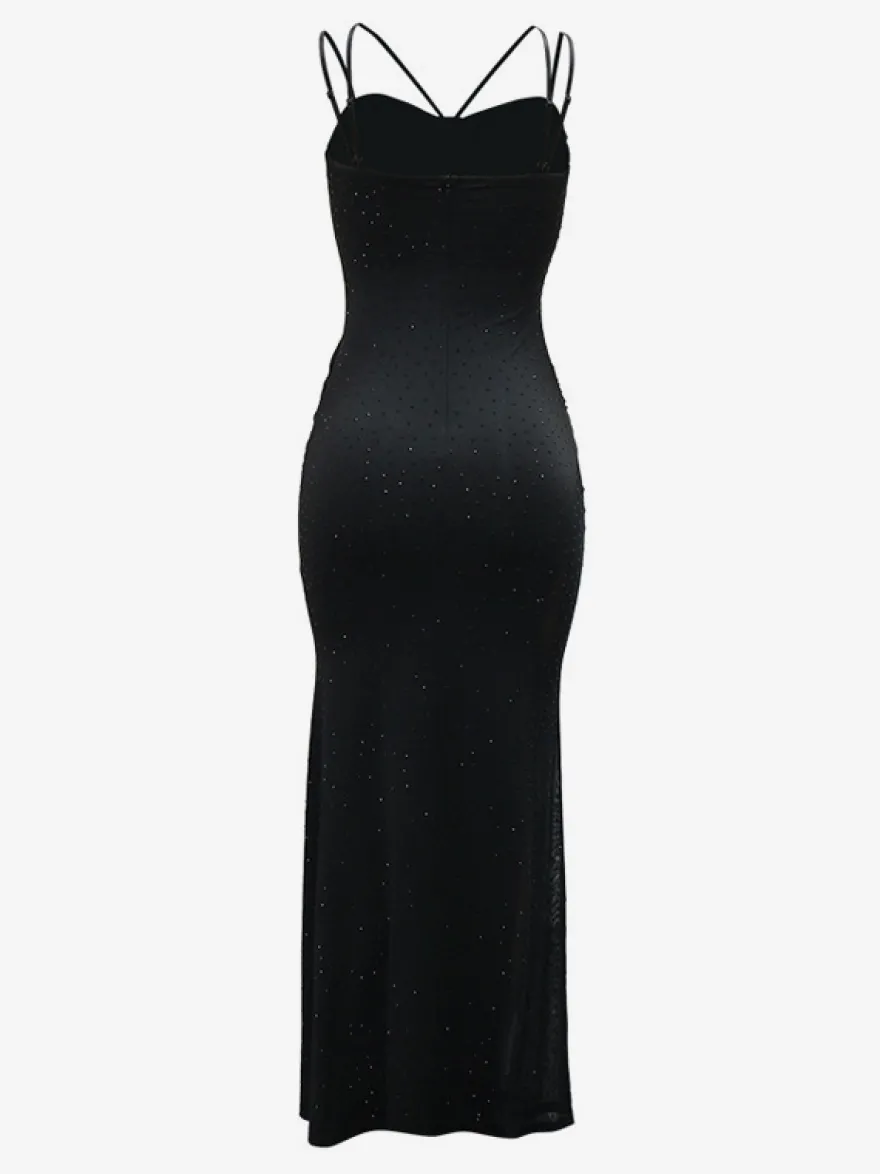Robe de soirée maxi moulante sans manches à sequins sur les côtés transparents pour femmes 2026