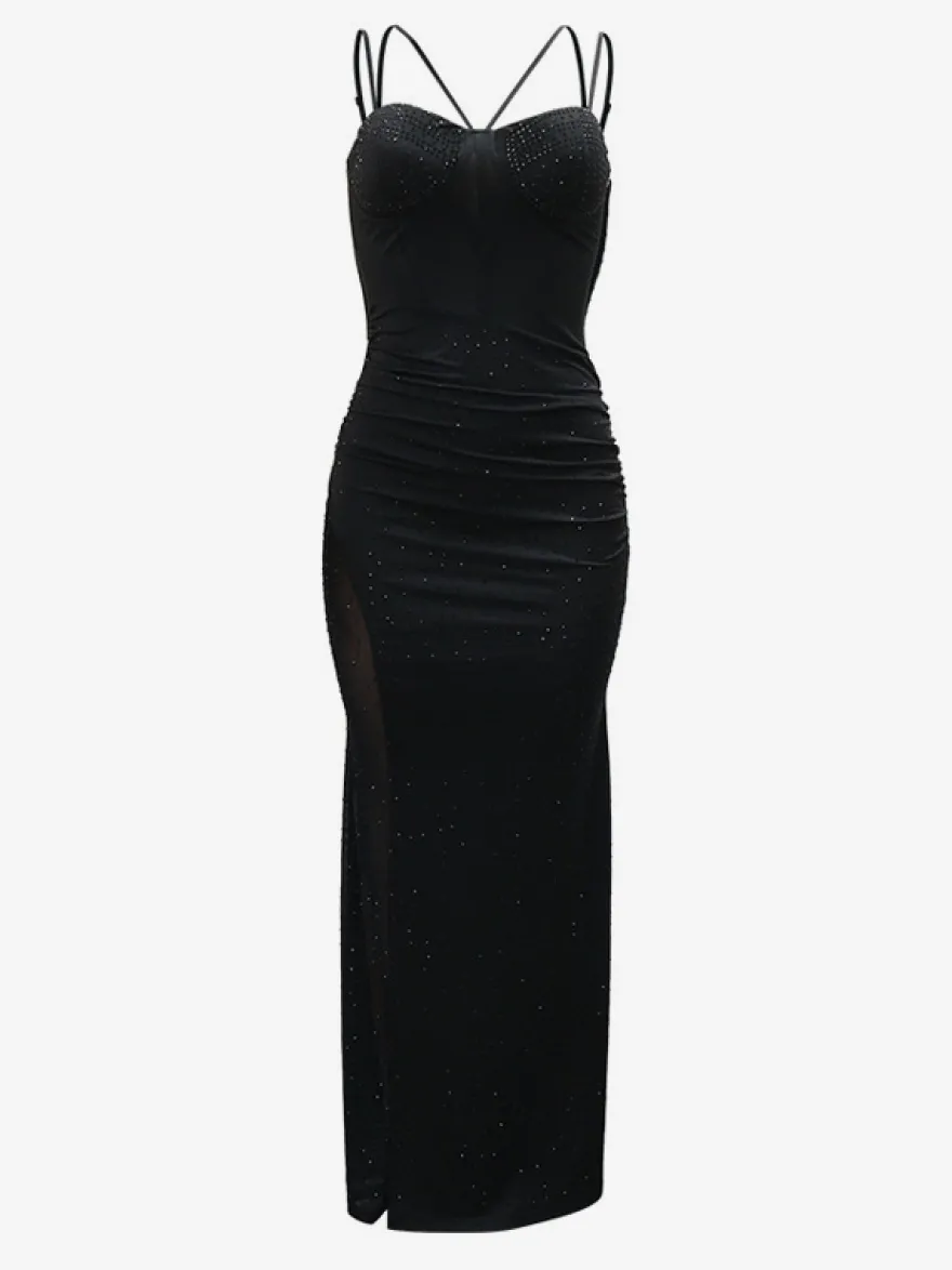 Robe de soirée maxi moulante sans manches à sequins sur les côtés transparents pour femmes 2026