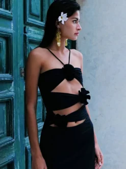 Robe de soirée maxi noire sans bretelles à lacets dos nu style décontracté semi-formel