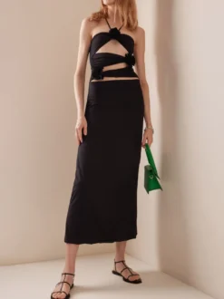 Robe de soirée maxi noire sans bretelles à lacets dos nu style décontracté semi-formel