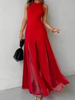 Robe de soirée maxi orange à col rond plissé sans manches élégante et semi-formelle