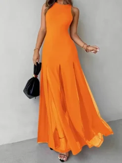 Robe de soirée maxi orange à col rond plissé sans manches élégante et semi-formelle