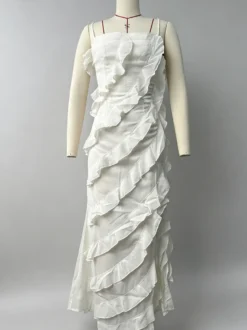 Robe de soirée maxi orange à épaules dénudées volants sans manches dos nu élégante et semi-formelle
