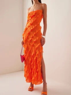 Robe de soirée maxi orange à épaules dénudées volants sans manches dos nu élégante et semi-formelle