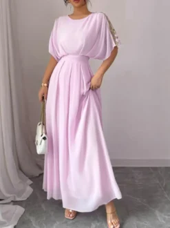 Robe de soirée maxi rose à col rond et volants manches mi-longues style chic semi-formel