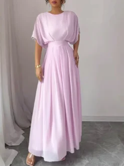 Robe de soirée maxi rose à col rond et volants manches mi-longues style chic semi-formel