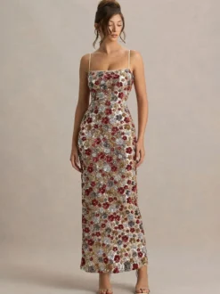 Robe de soirée maxi rouge à bretelles fente sur le devant sans manches sexy semi-formelle robe d'été