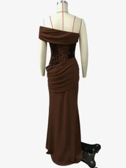 Robe de soirée maxi à sequins asymétrique et taille froncée collection 2026
