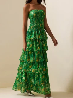 Robe de soirée maxi verte sans bretelles à volants et sans manches style décontracté semi-formel