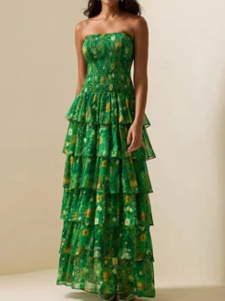 Robe de soirée maxi verte sans bretelles à volants et sans manches style décontracté semi-formel