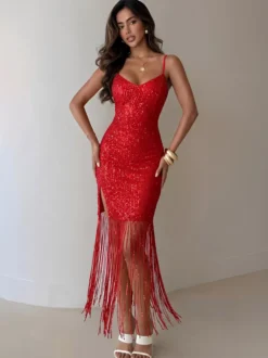 Robe de soirée midi bordeaux à col V franges sans manches dos nu sexy et semi-formelle