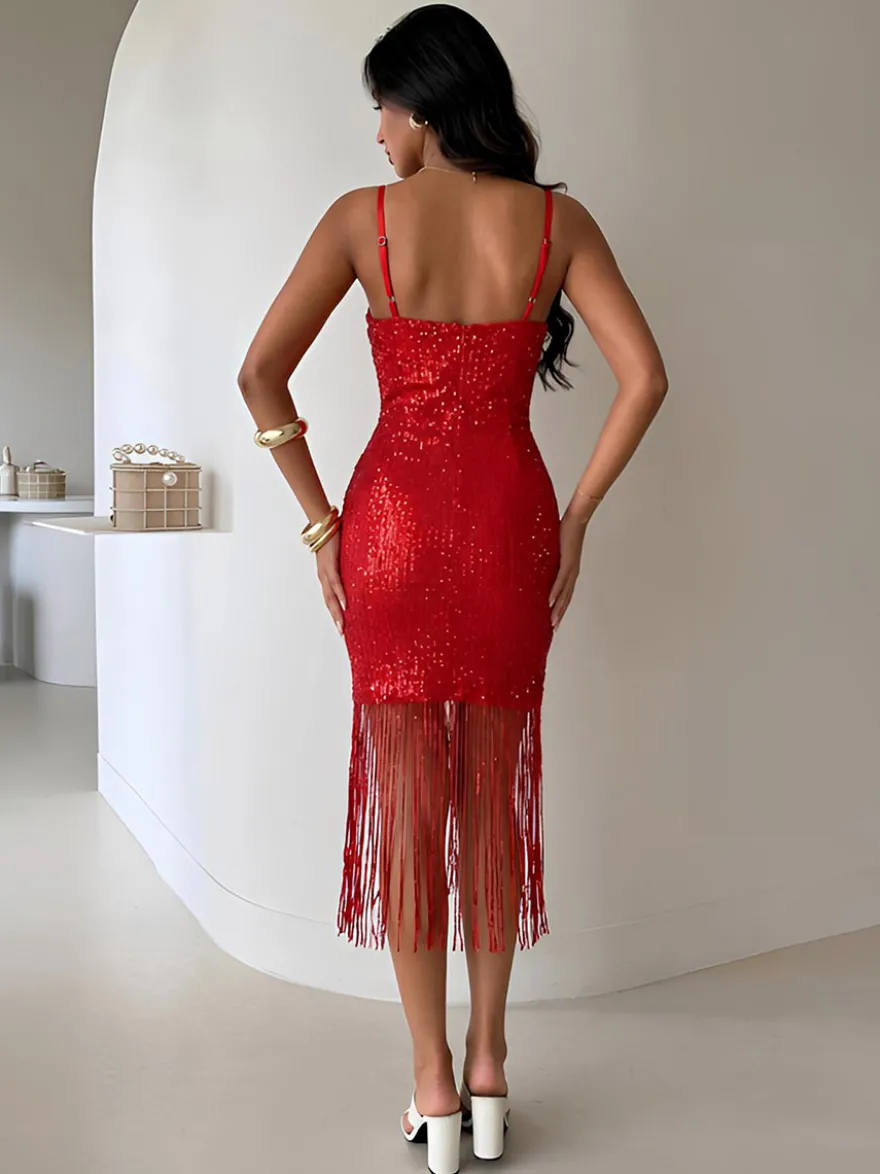 Robe de soirée midi bordeaux à col V franges sans manches dos nu sexy et semi-formelle