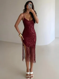 Robe de soirée midi bordeaux à col V franges sans manches dos nu sexy et semi-formelle