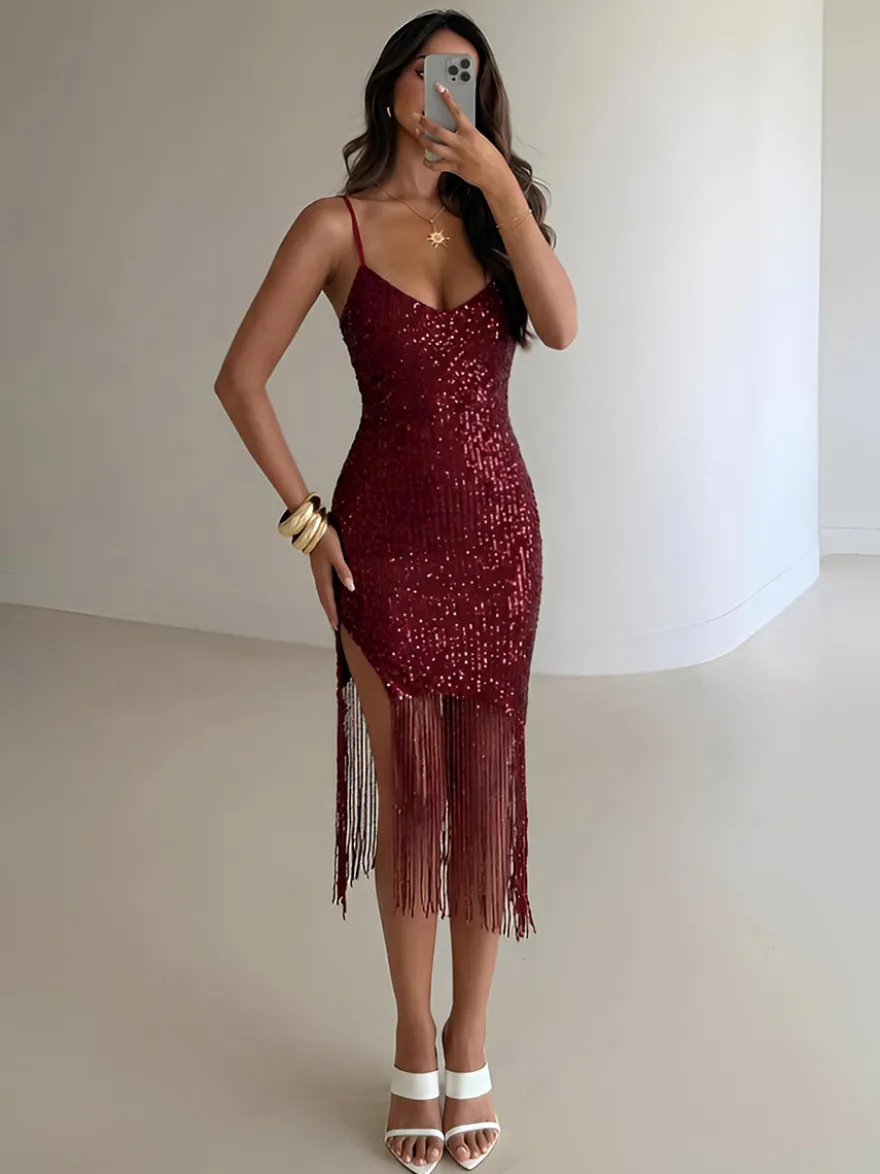 Robe de soirée midi bordeaux à col V franges sans manches dos nu sexy et semi-formelle