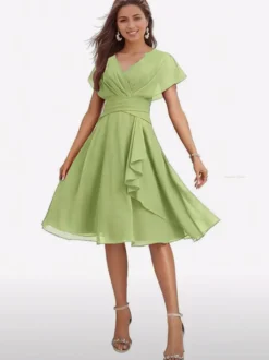 Robe de soirée midi en mousseline à col V manches papillon taille froncée et ourlet à volants.