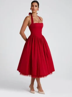 Robe de soirée mi-longue rose pâle à dos nu et coupe trapèze pour femme 2026