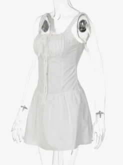 Robe de soirée mini blanche à bretelles col lacé sans manches plissée style décontracté semi-formel
