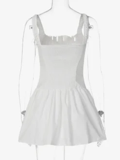Robe de soirée mini blanche à bretelles col lacé sans manches plissée style décontracté semi-formel